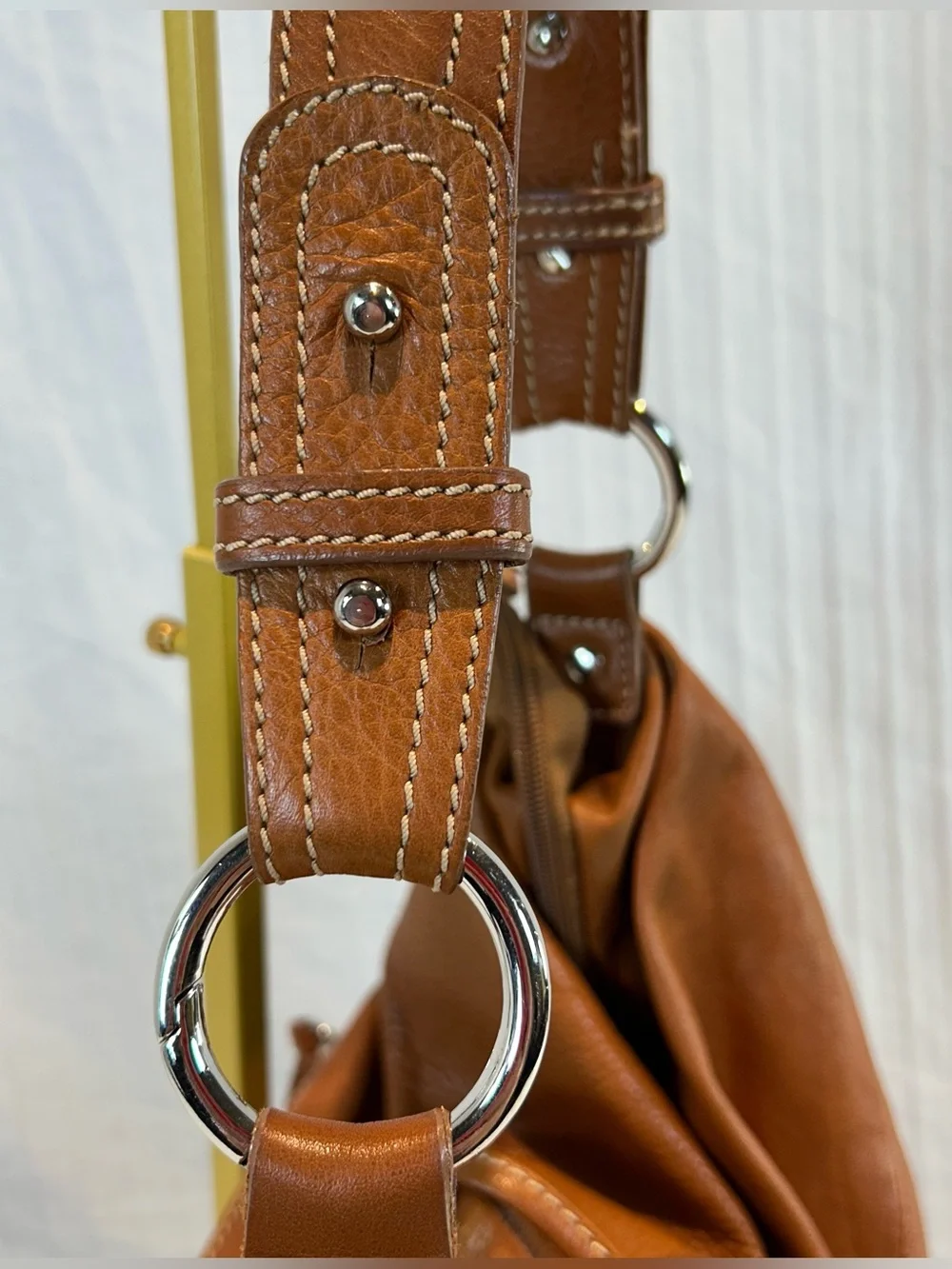 Structured Italian Leather Hobo Bag in Cognac with Wrapped Leather Accents